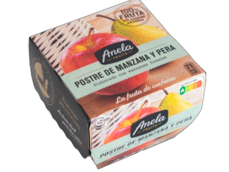 Envase de postre de manzana y pera 100% fruta de Anela Fruits.