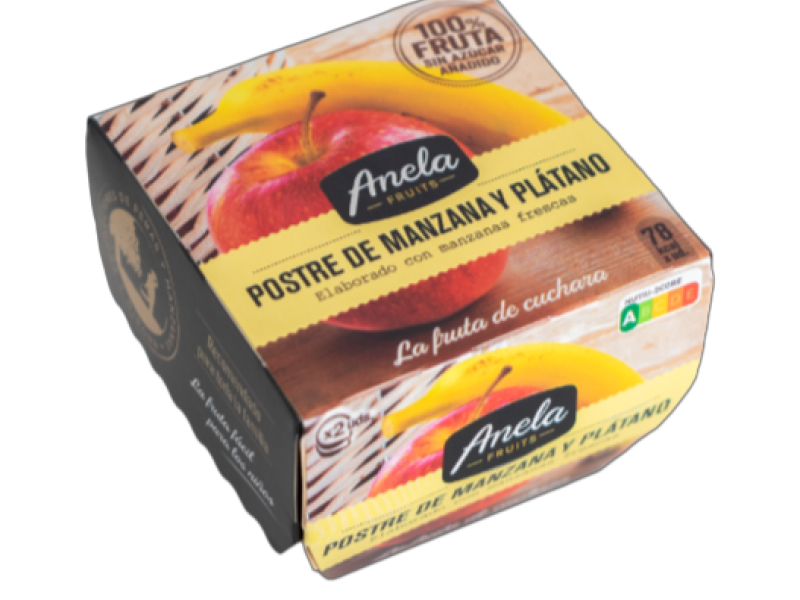 Envase de postre de manzana y plátano 100% fruta de Anela Fruits.
