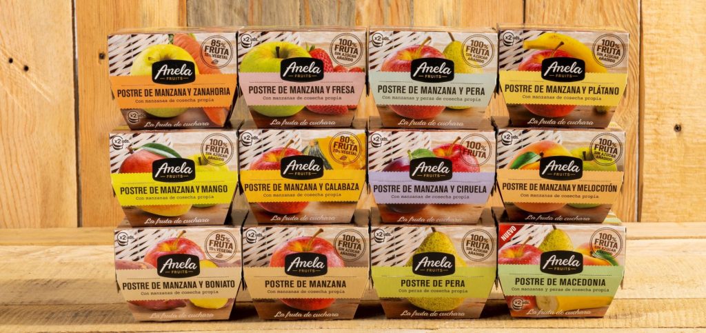 Gama completa de postres de fruta de Anela Fruits con sabores variados.